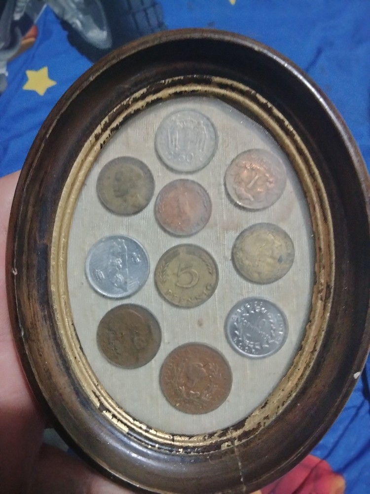 Vintage Foreign Coin Collection in Oval Frame