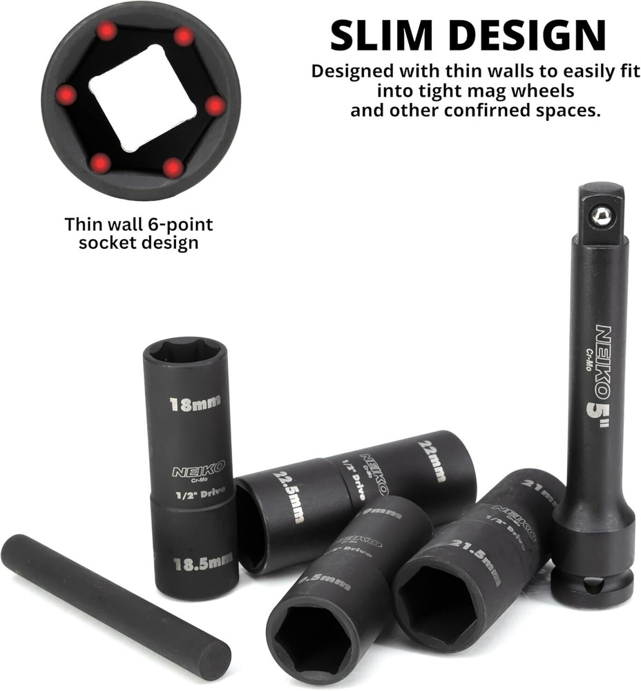 NEIKO 02290B Lug Nut Socket Set 1/2” Impact Thin Wall Flip Socket Set Half
