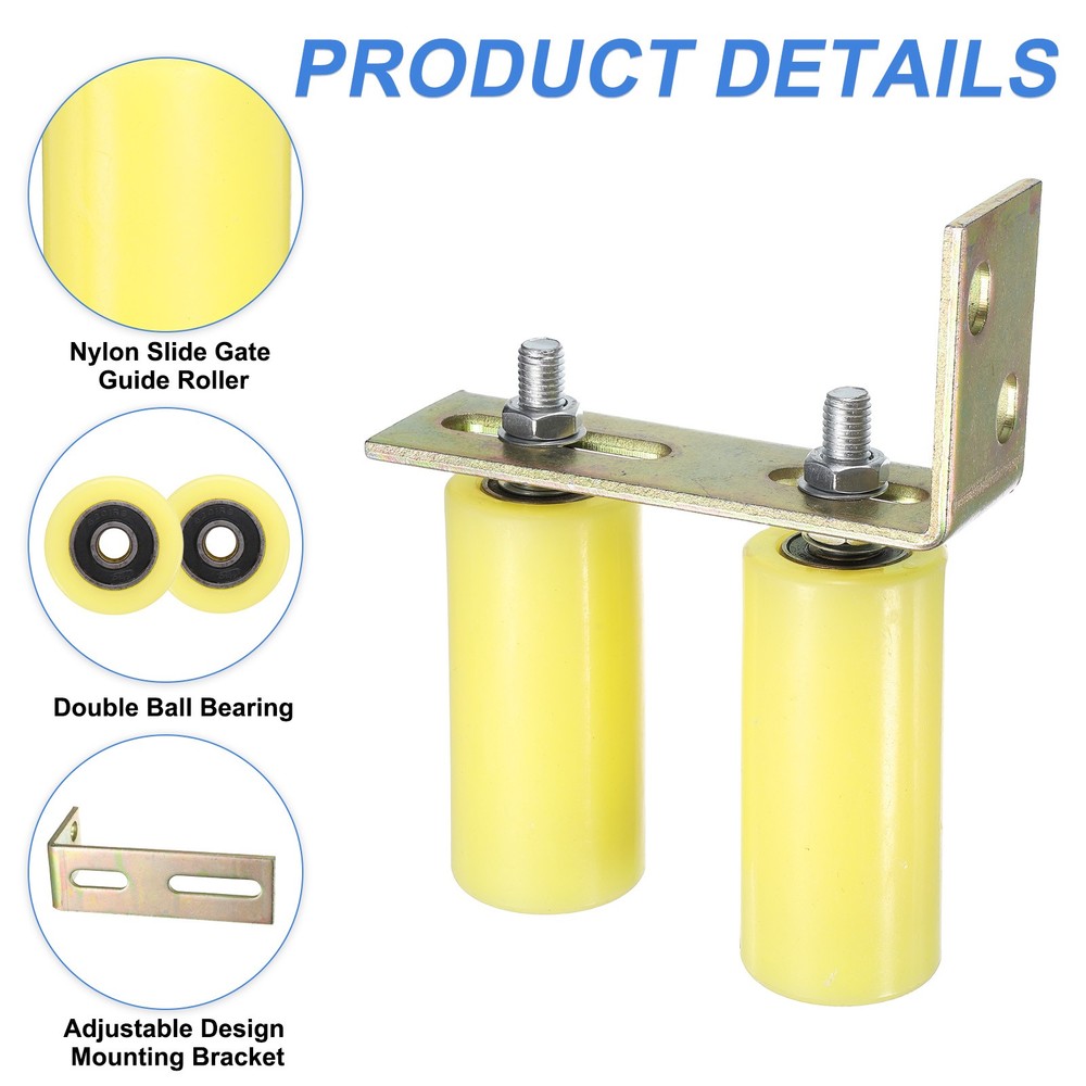 1Set Slide Gate Guide Roller, 5" Nylon Gate Support Rollers with Bracket, Yellow