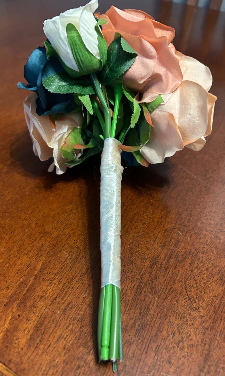 LOT OF 4 PEACH/BURNT ORANGE/TEAL/WHITE ROSES/ETC BRAIDSMAIDS FLORAL BOUQUETS-x2