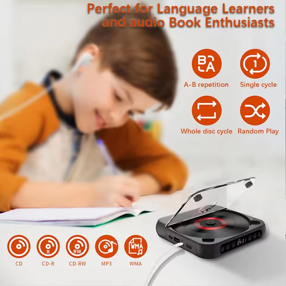 CD Player Portable Music Player Runner A-B Repeat Timer for Home Bluetooth