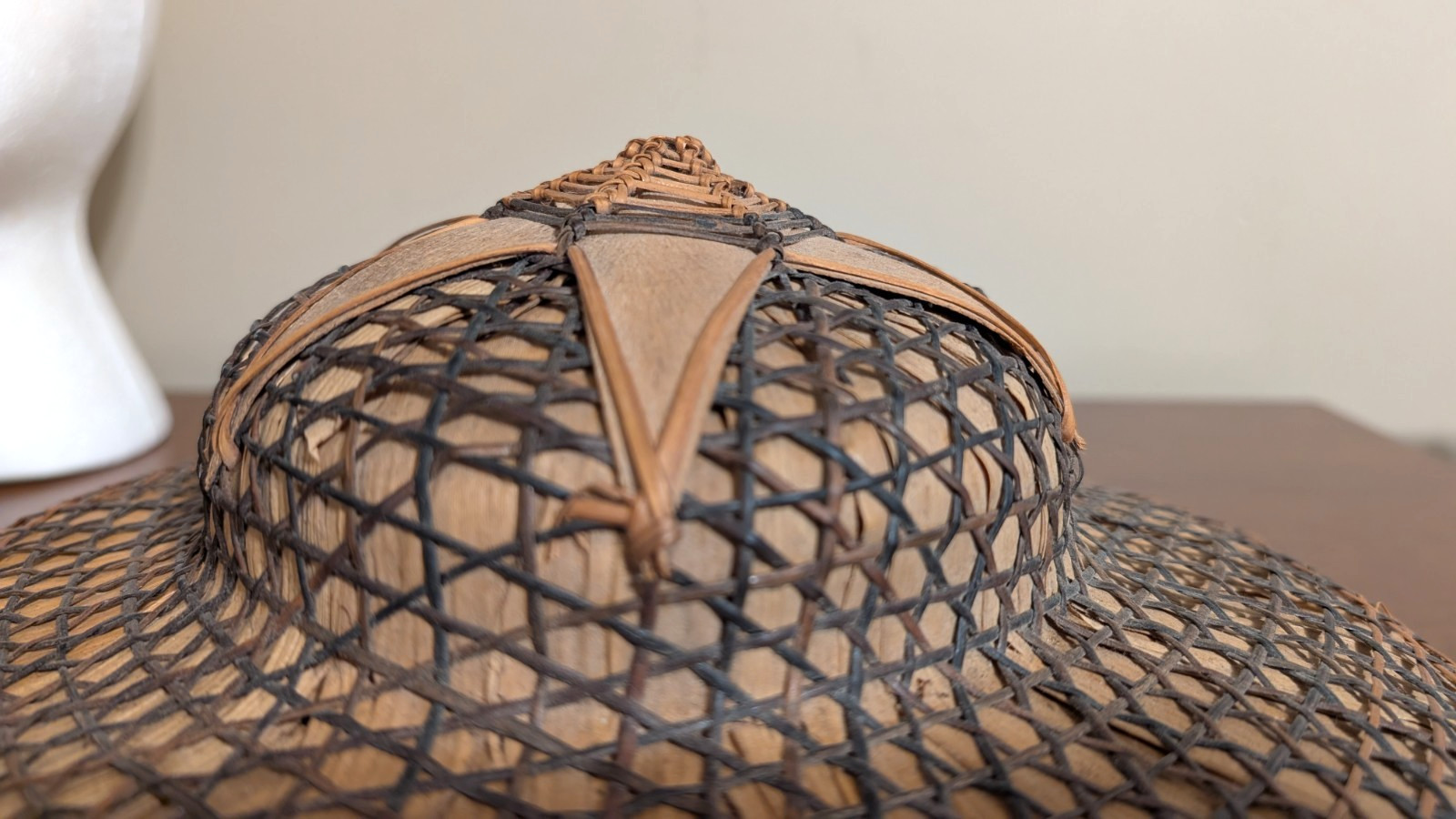 Vintage Filipino Salakot Woven Rattan and Coconut Fiber Sun Hat 15” Diameter