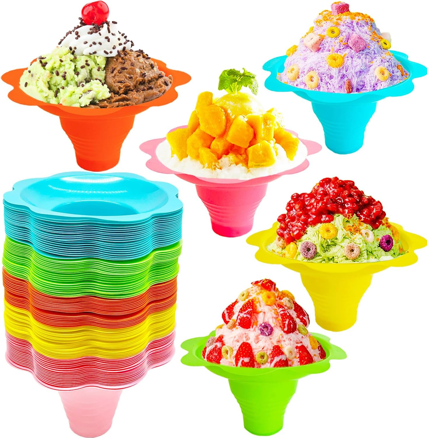 100 PCS Snow Cone Cups,Flower Shaped Shaved Ice Cups,4 OZ Plastic Snow Cone Bowl