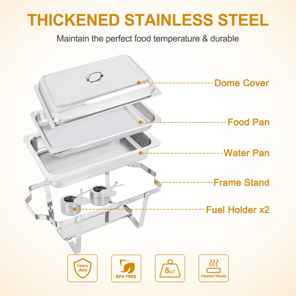 Chafing Dish 2 Packs Stainless 8 Quart Steel Rectangular Chafer Full Size Buffet