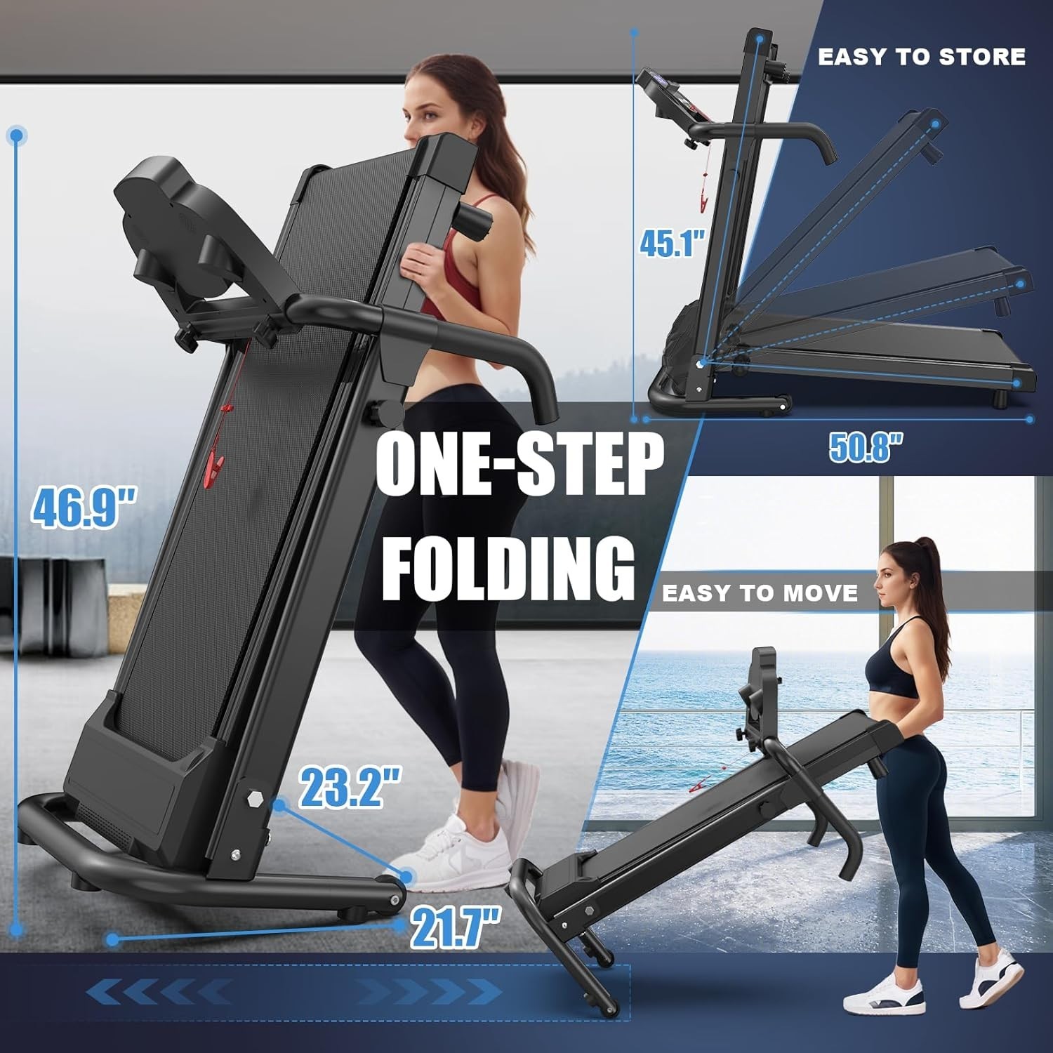 2.5HP Foldable Treadmill for Home Quiet Folding Running Jogging Machine, 300 LBS