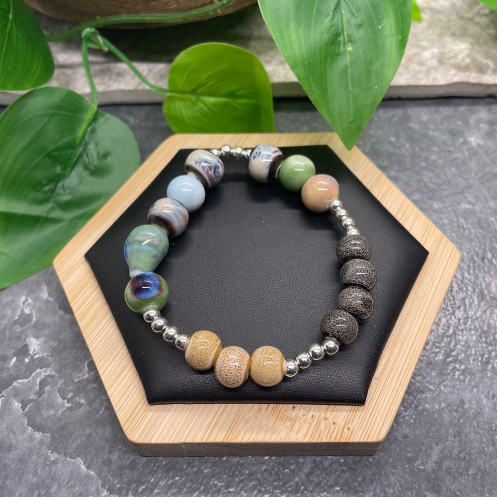 Handmade Ceramic Bead Beaded Stackable 6.5” Plus Stretch Bracelet New B512