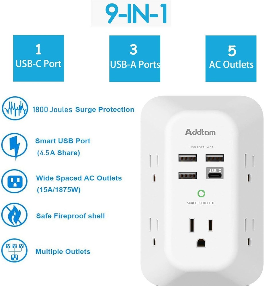 5 Outlet Extender, Multi Plug Outlet, 1 C-Type+3USB Wall Charger Surge Protector