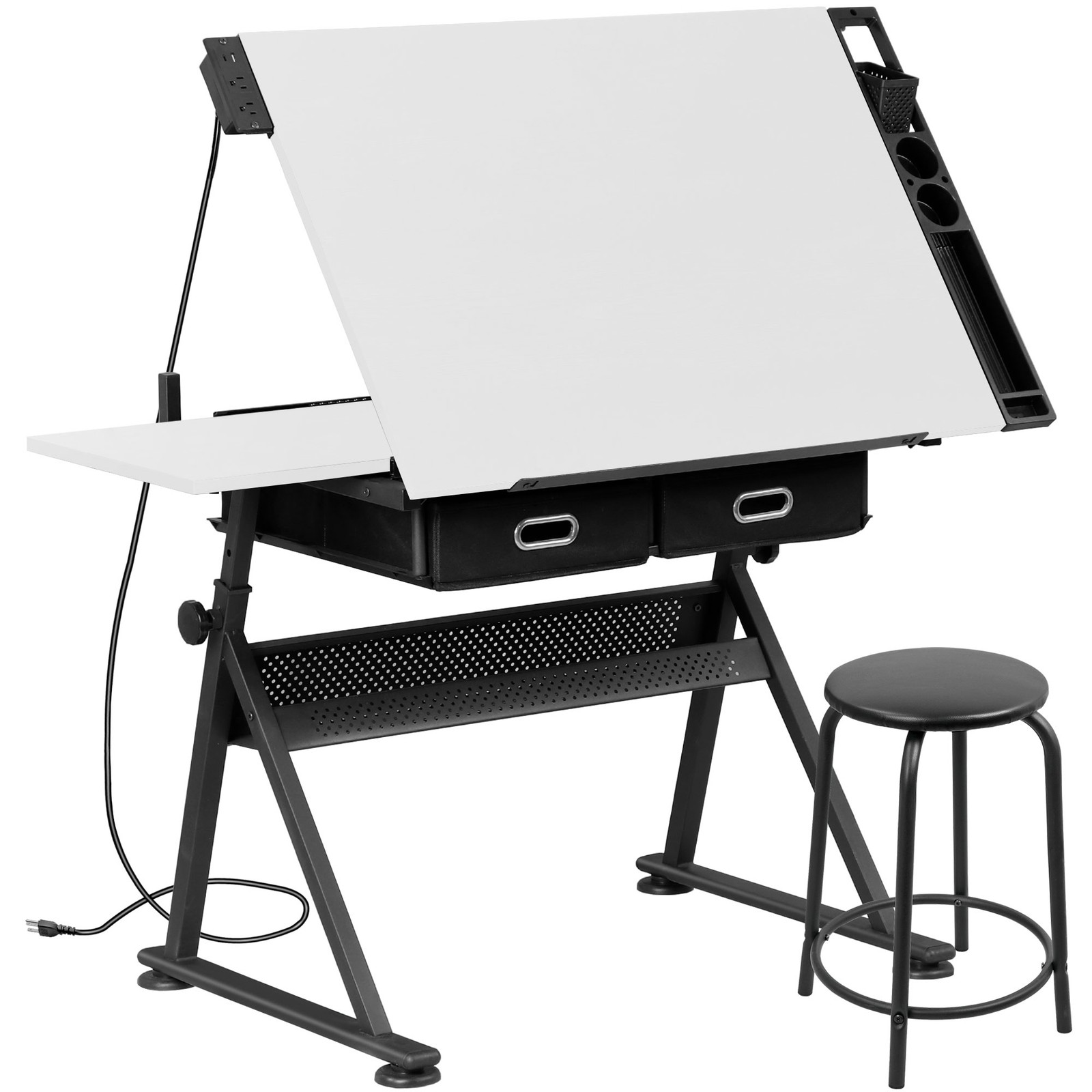 Drafting Table Drawing Desk Adjustable Tabletop w/Charging Station & Stool White