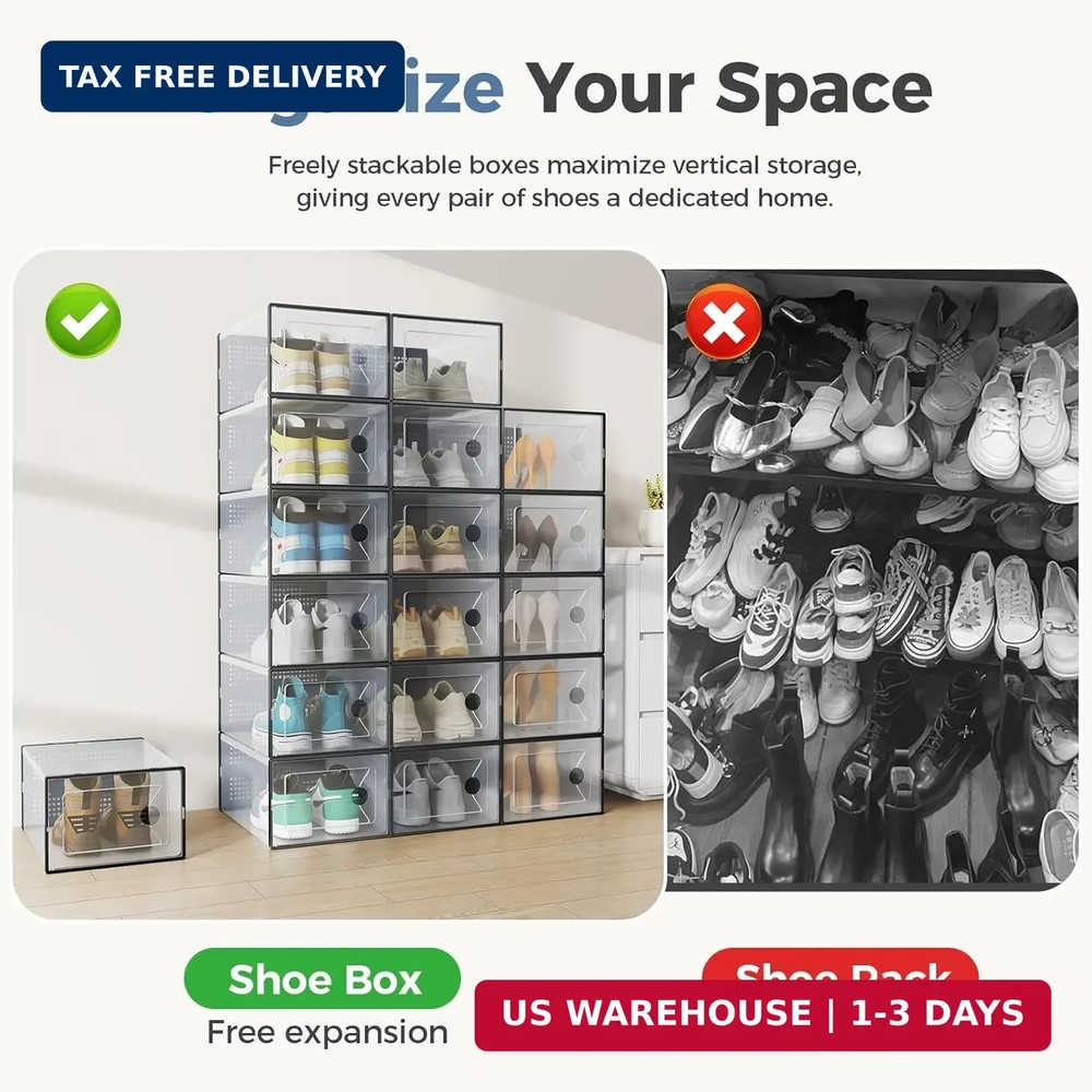 DUMOS Shoe Storage Boxes, 12-Pack Stackable Clear Shoe Containers with Lids, Dis