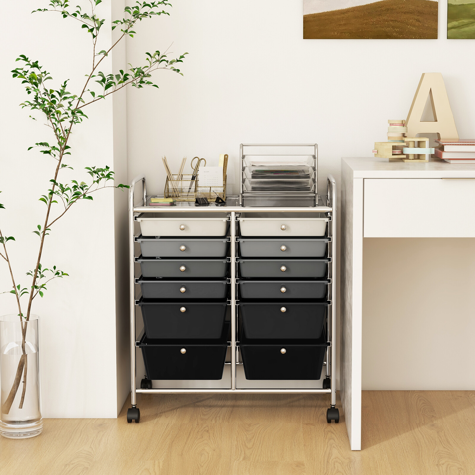 12-Drawer Rolling Storage Cart w/ 2 Sizes Plastic Drawers Gradient Grey