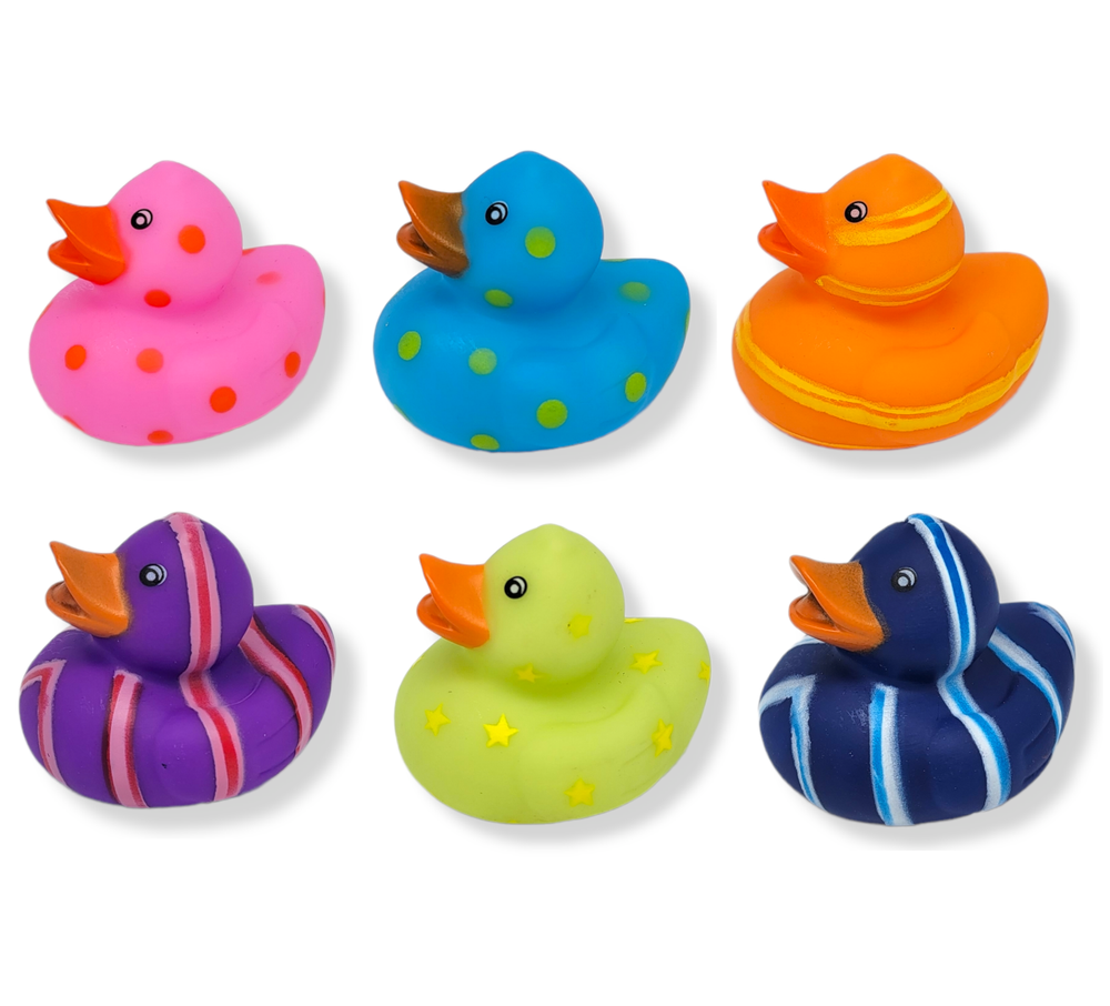 Multi-Color Pattern Rubber Squicky Duckies (2") Standard Size. (12 Pack)