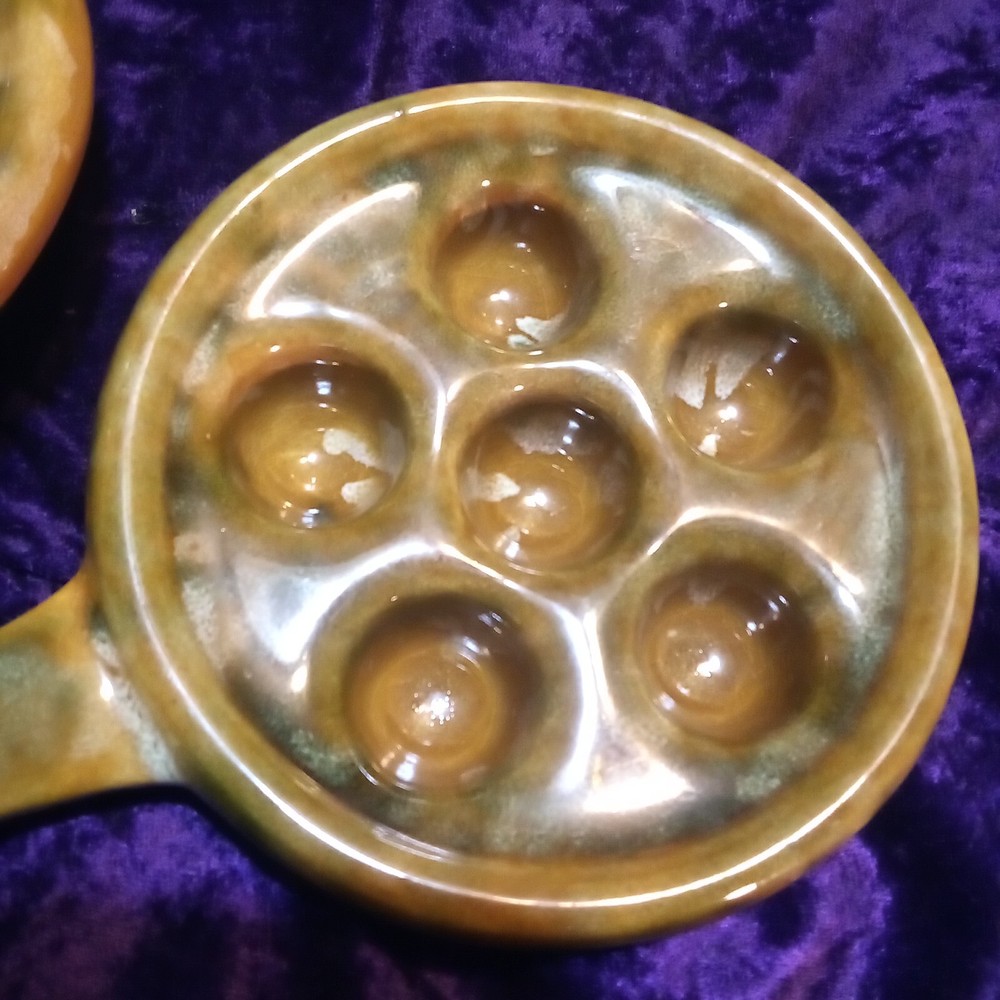 4 Brown Ceramic Mottled Drip Glaze Escargot Baking Serving Dishes Nice!