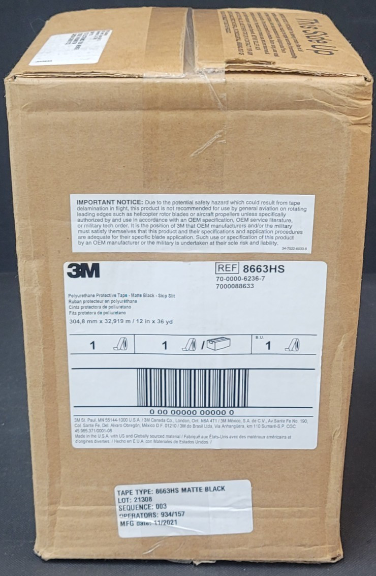 3M 8663HS Polyurethane Protective Tape 12"x36yd Matte Black Skip Slit 18 mil 700