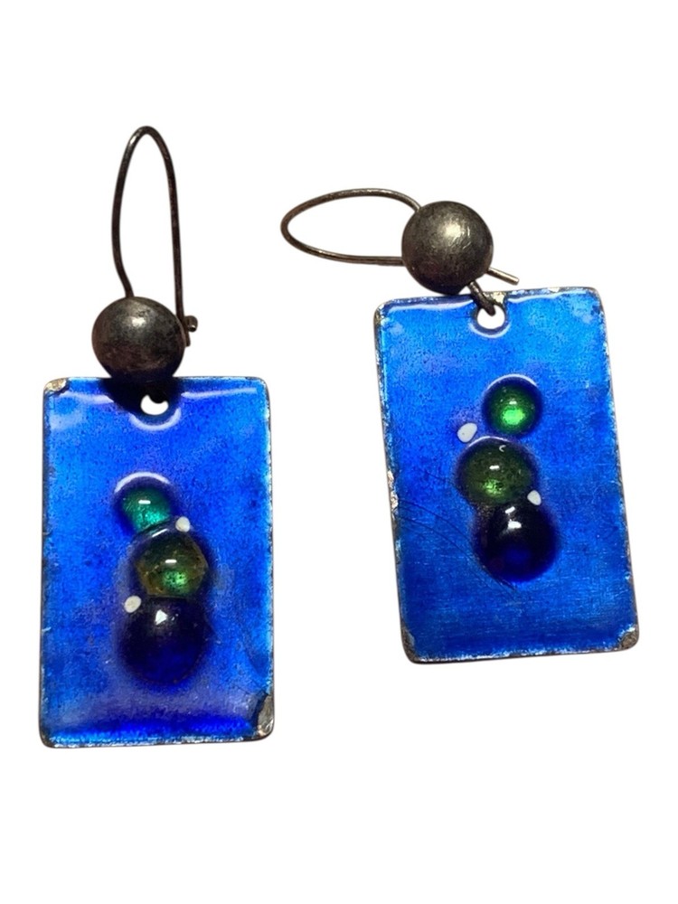 Handmade Blue Green Bubble Accent Rectangular Enamel Dangle Earrings