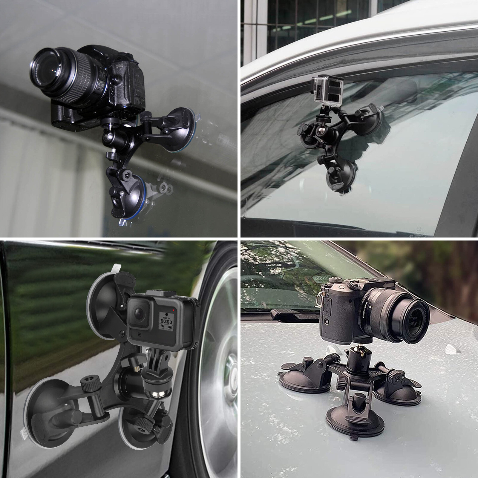 Car Mount Holder for GoPro Sony DJI OSMO Action Camera Triple Suction Cup Stand