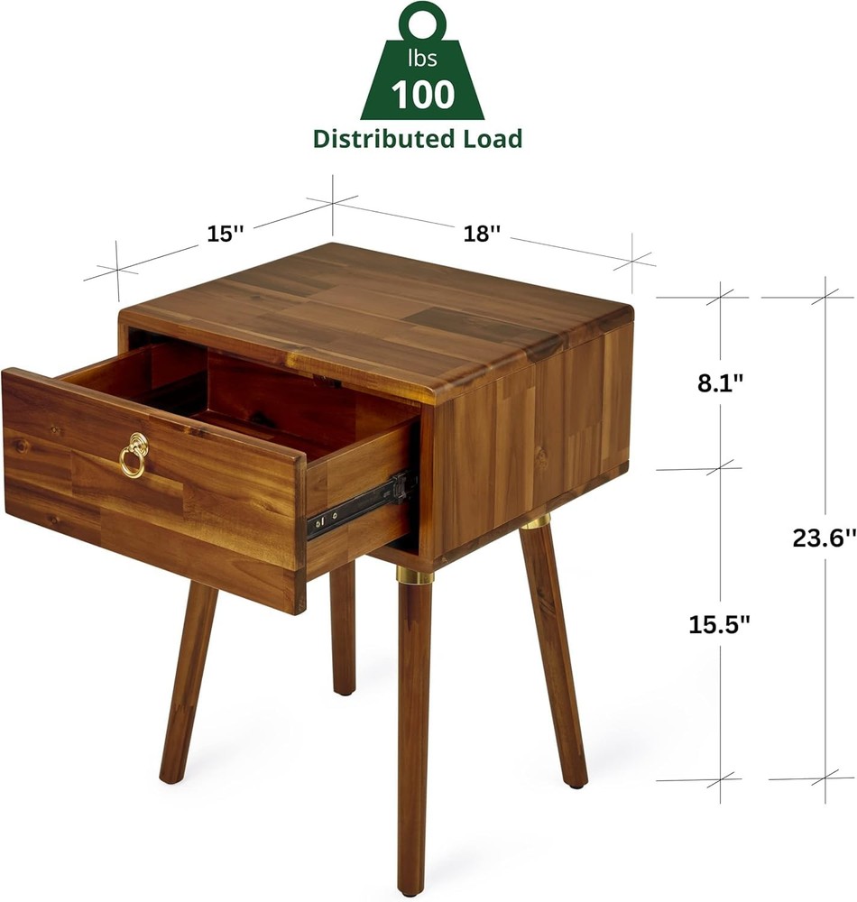 Bme Caden Solid Wood Nightstand/Side Table/End Table, Fully Assembled, with 1-Dr