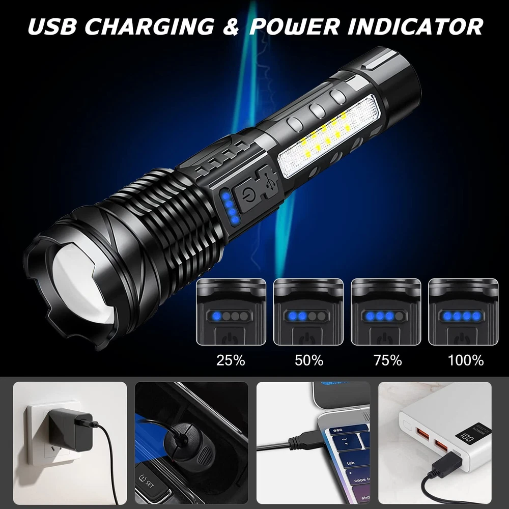 15000000LM Super Bright Flashlights High Lumens Rechargeable 7 Modes LED Flash