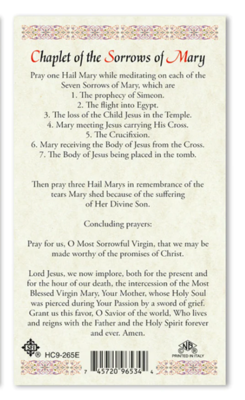 Laminated Chaplet of the Seven Sorrows of Mary Holy Prayer Card Catholic