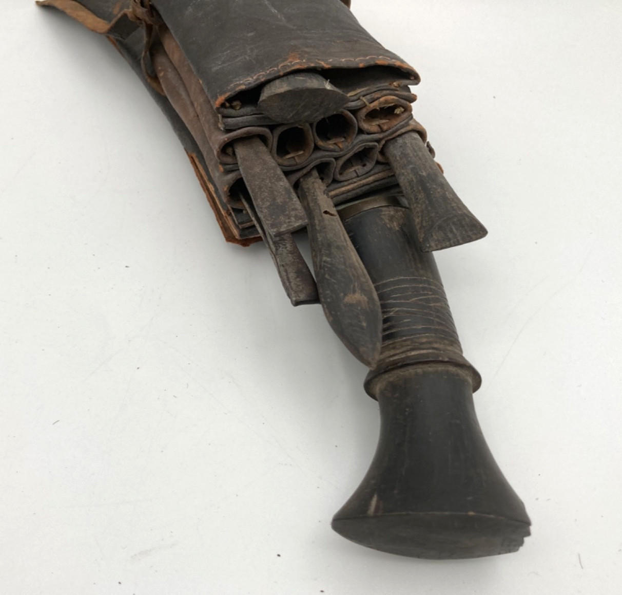 Vintage Kukri Knife Carved Wooden Handle & Leather Sheath Incomplete Set 17.5In