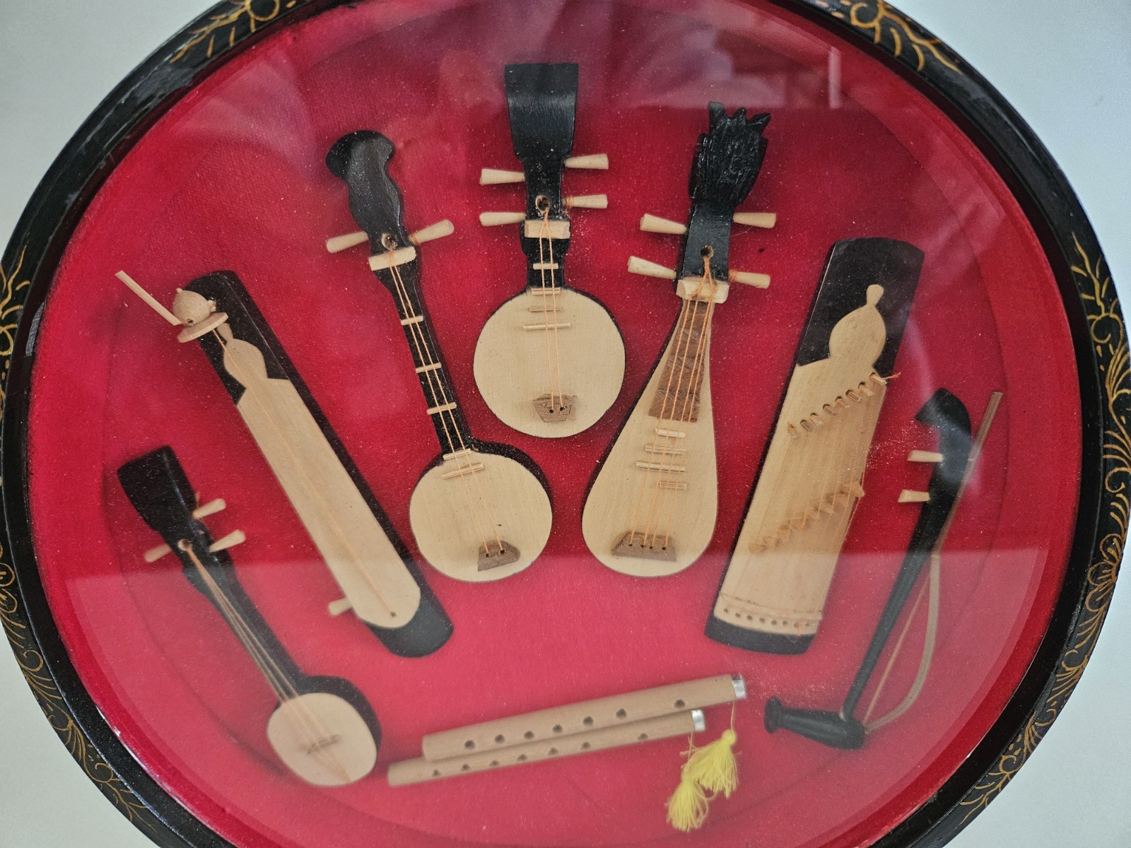 Chinese Mini Vtg Musical Instruments Wooden Show Case Display Mother of Pearl