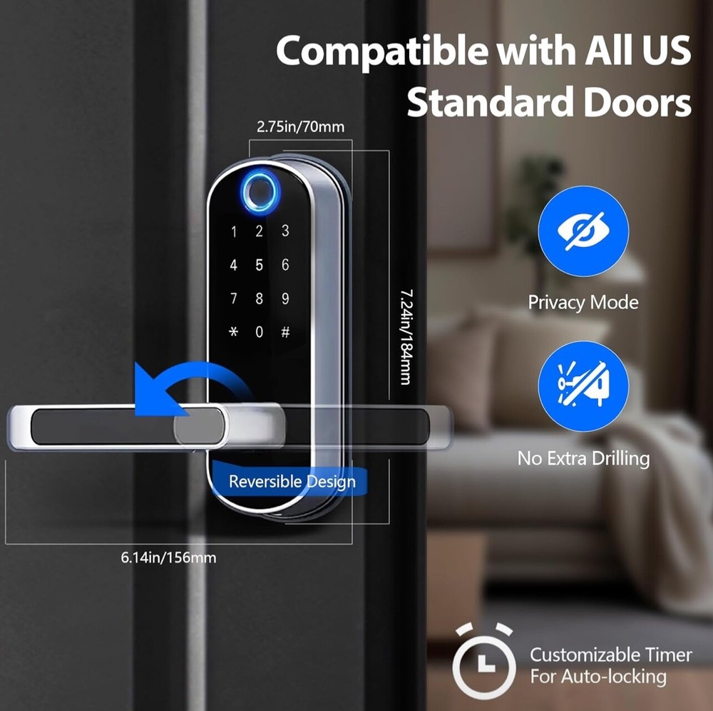 Keyless Fingerprint Smart Door Lock with Code Passcode & Door Handle App Control