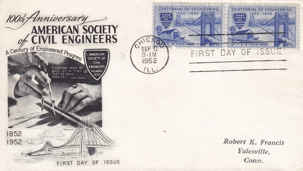 STAMP US SCOTT 1012 "Civil Engineers" 3 CENT 1952 PAIR FDC - D