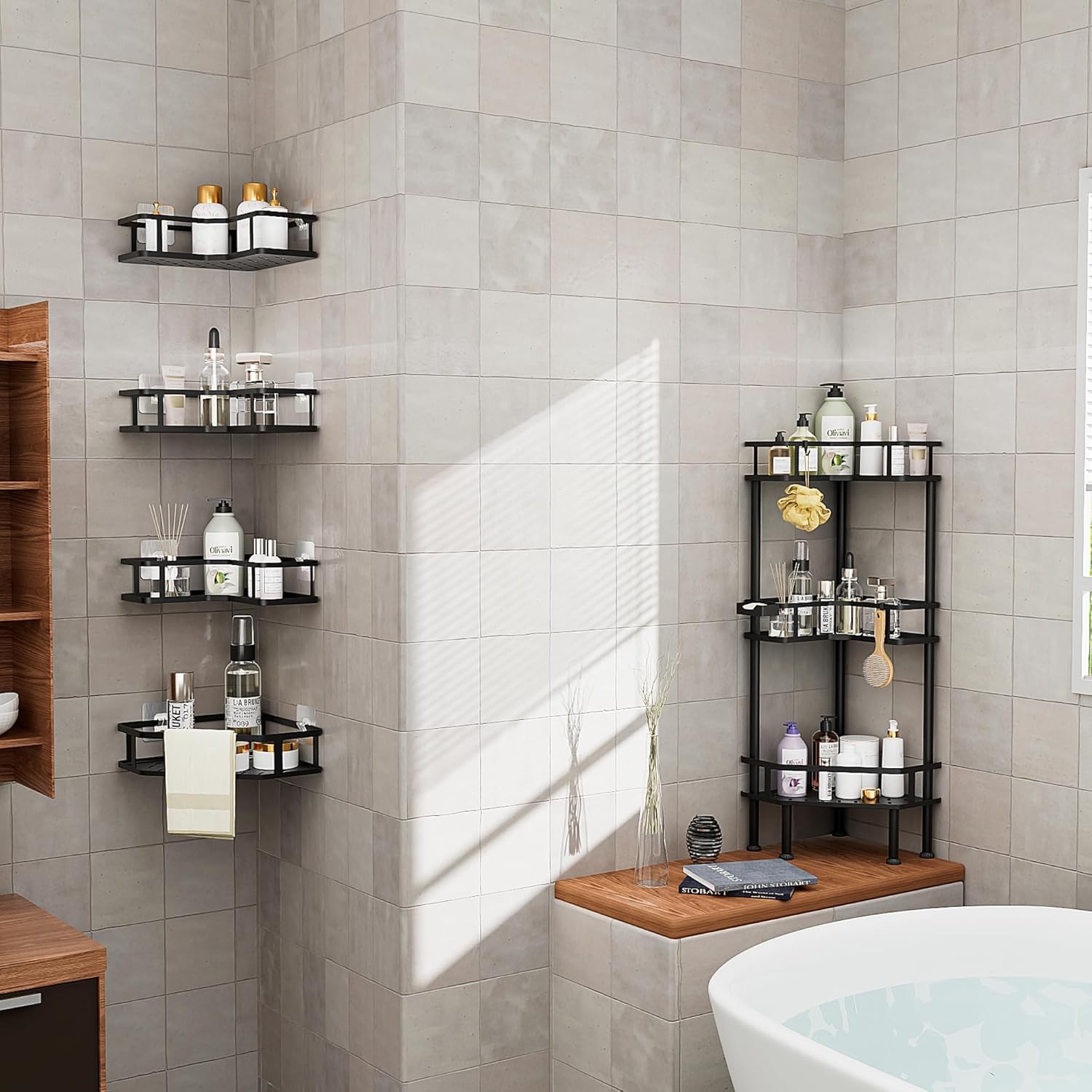 4 Tier Stainless Steel Tall Corner Shower Organizer, No Drilling Shelves