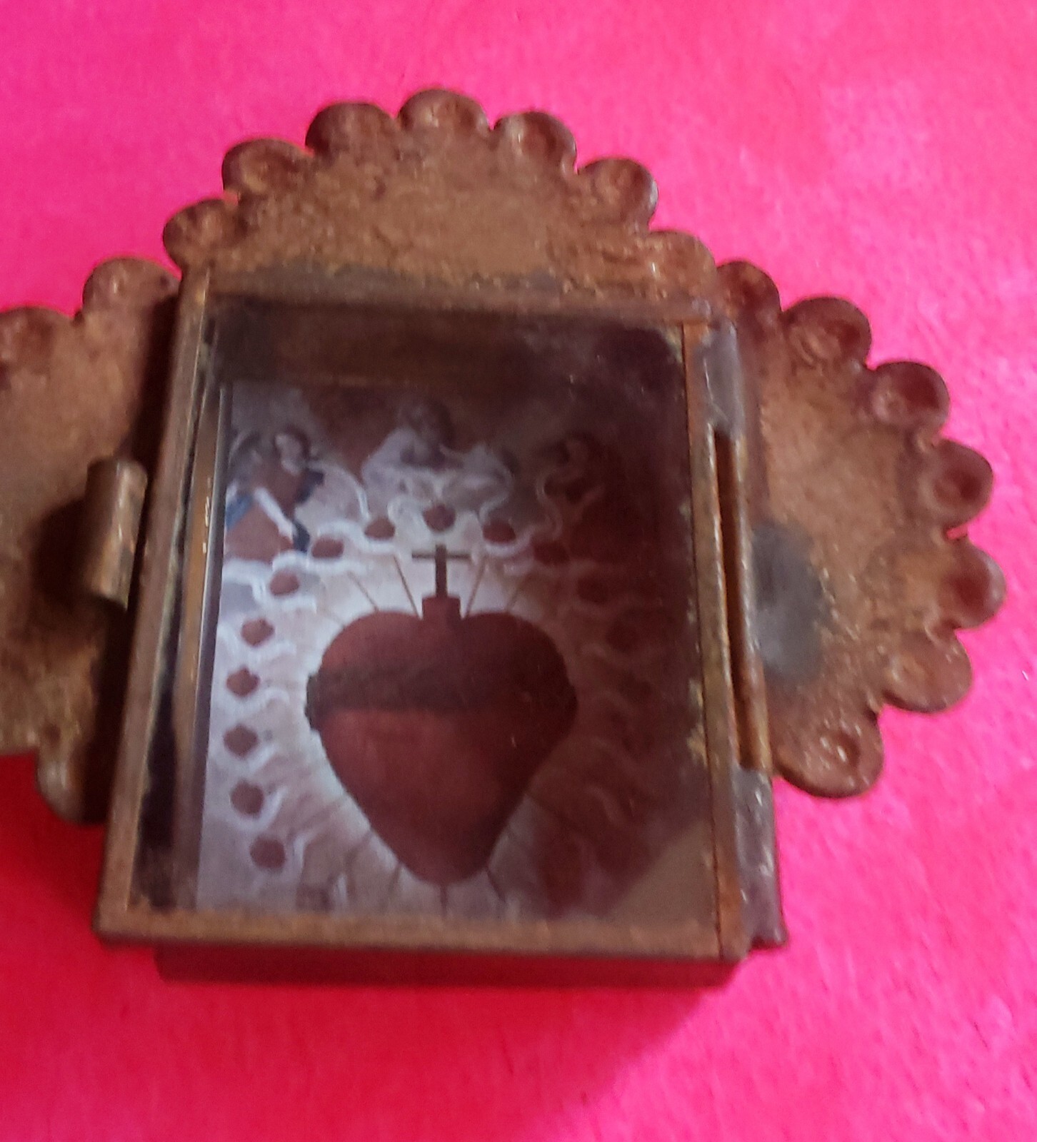 Rustic Mexican Flaming Sacred Heart Jesus Christ tin wall hanging nicho folk art
