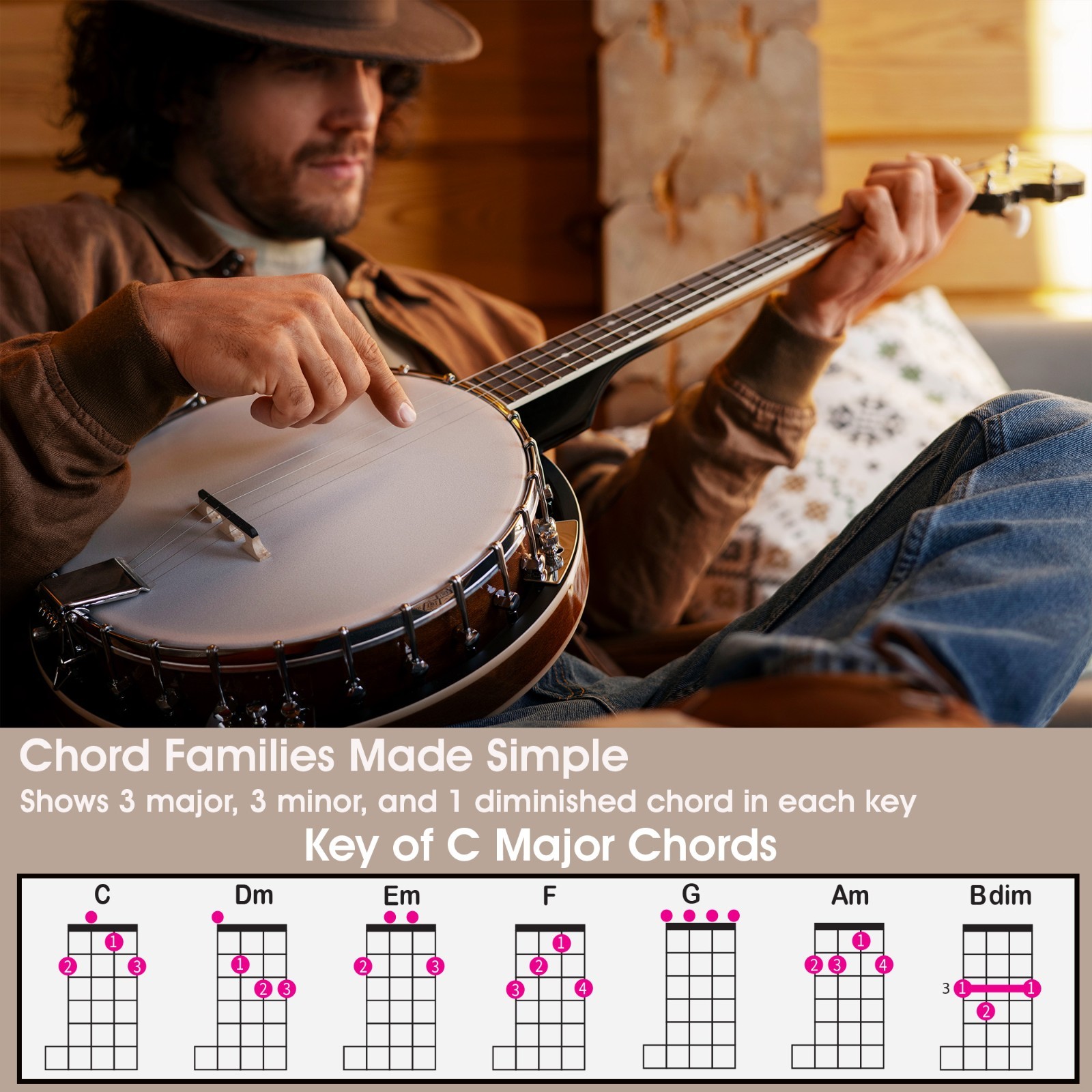QMG Banjo Chord Families Poster (11"x17") – Laminated Chart 49 Color-Chords