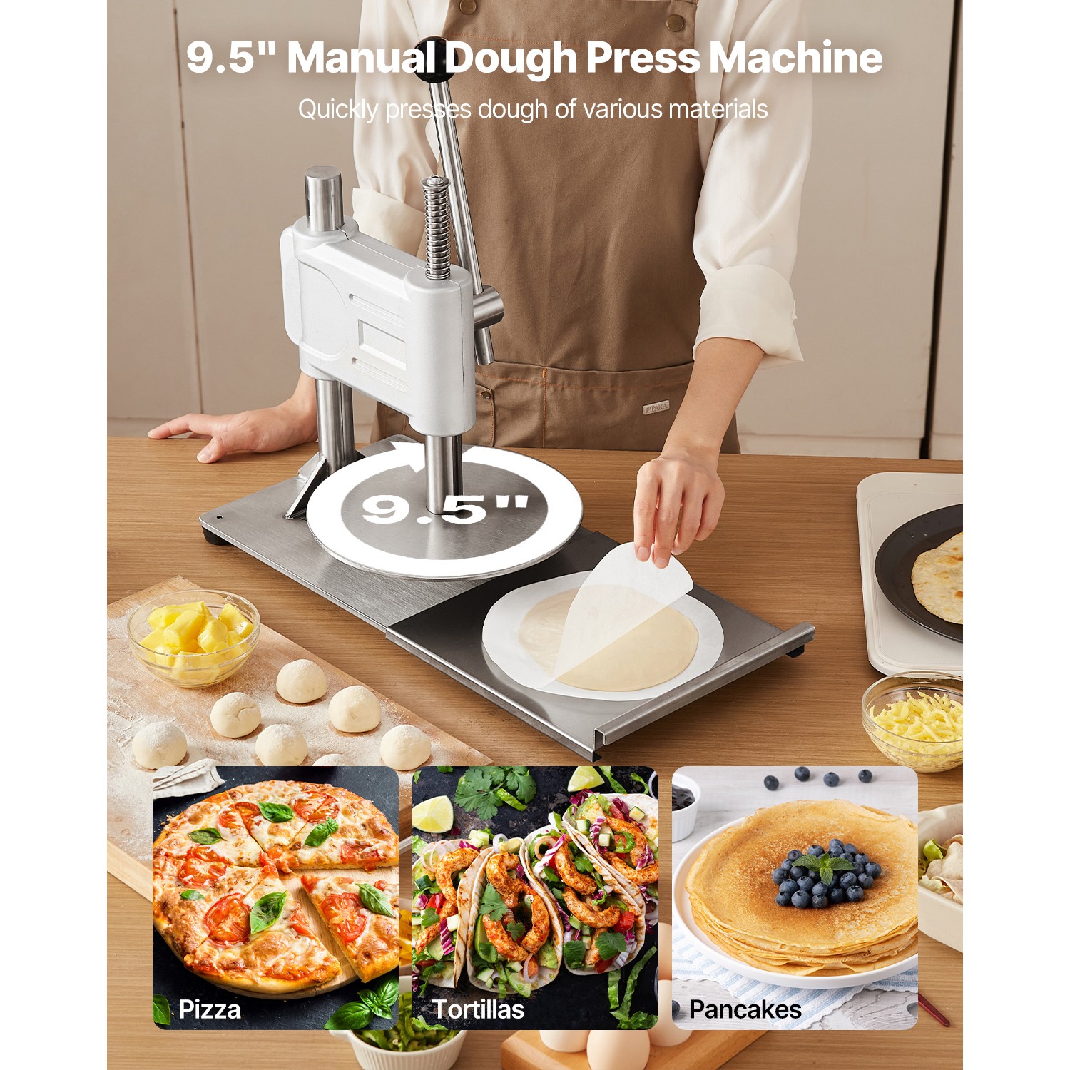 9.5 in Manual Pizza Dough Press Machine Pizza Pastry Sheeter Stainless