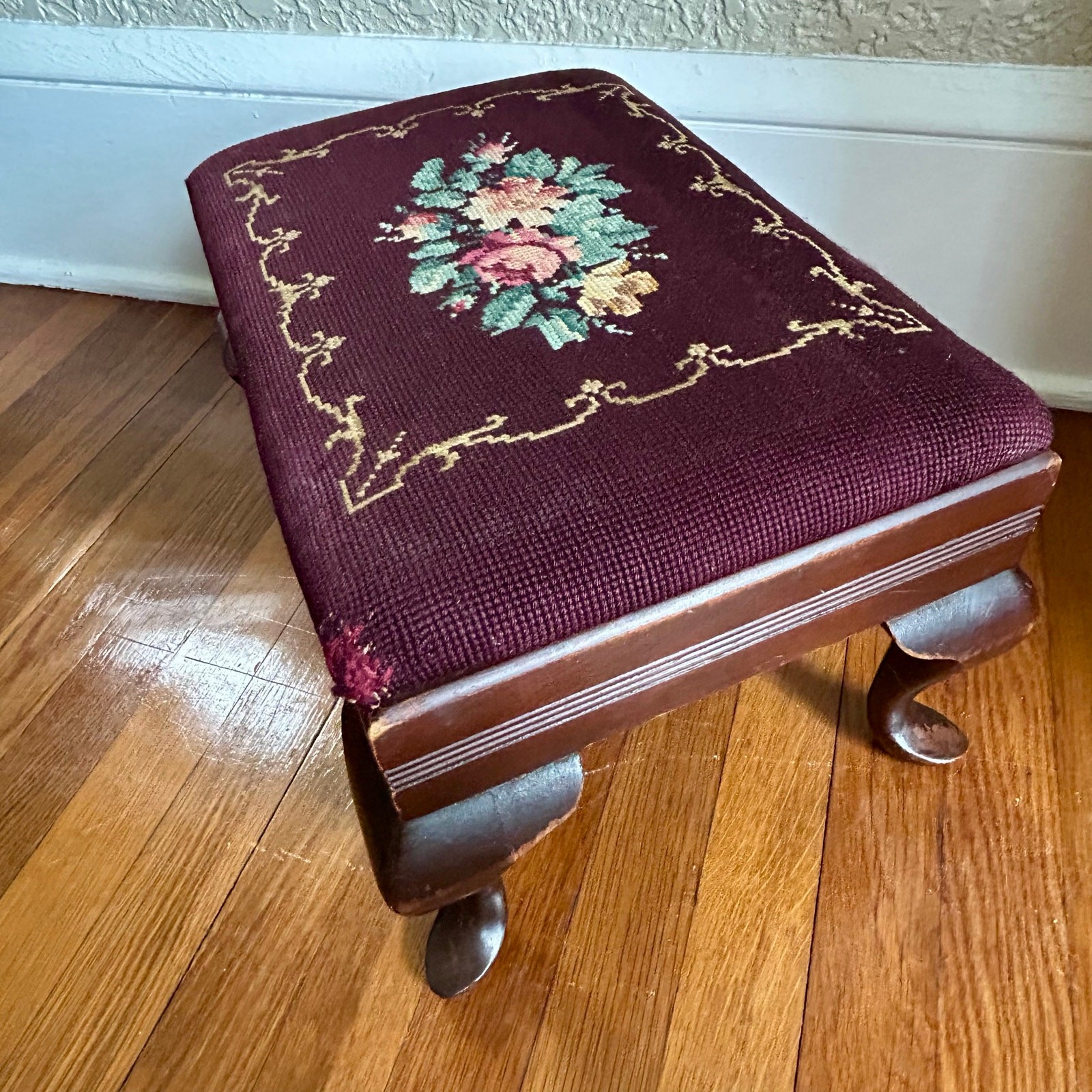 Antique Needlepoint Footstool with Queen Anne Style Legs