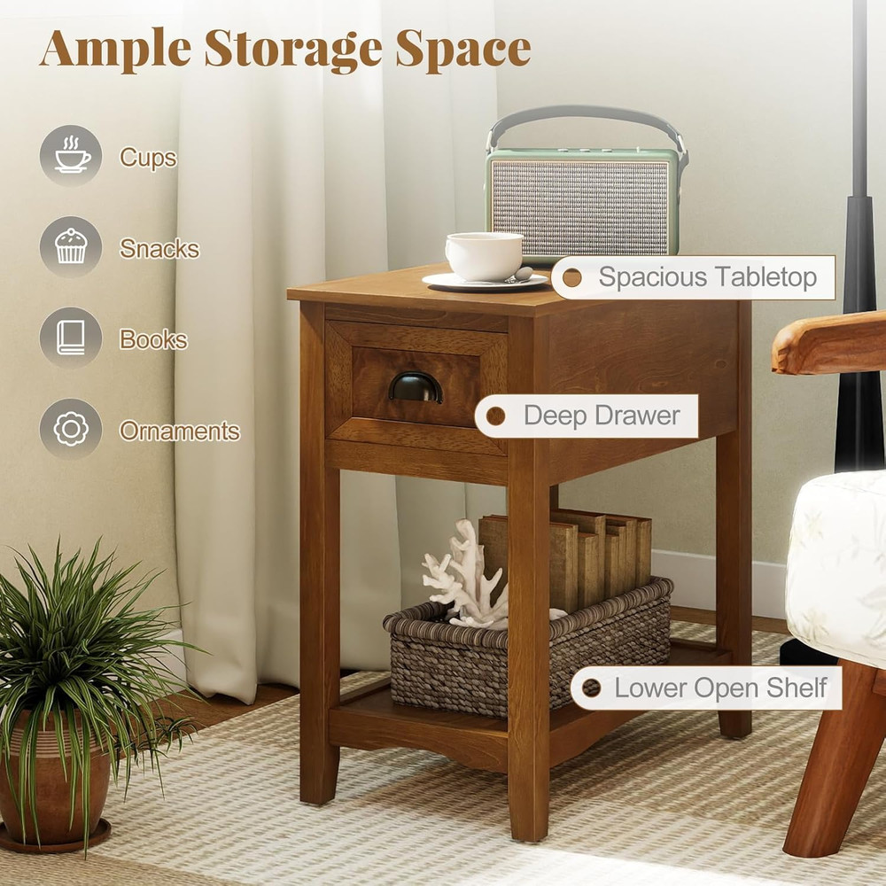 End Table with Drawer, Retro Narrow Side Table, Nightstand with Solid Wood & Sto