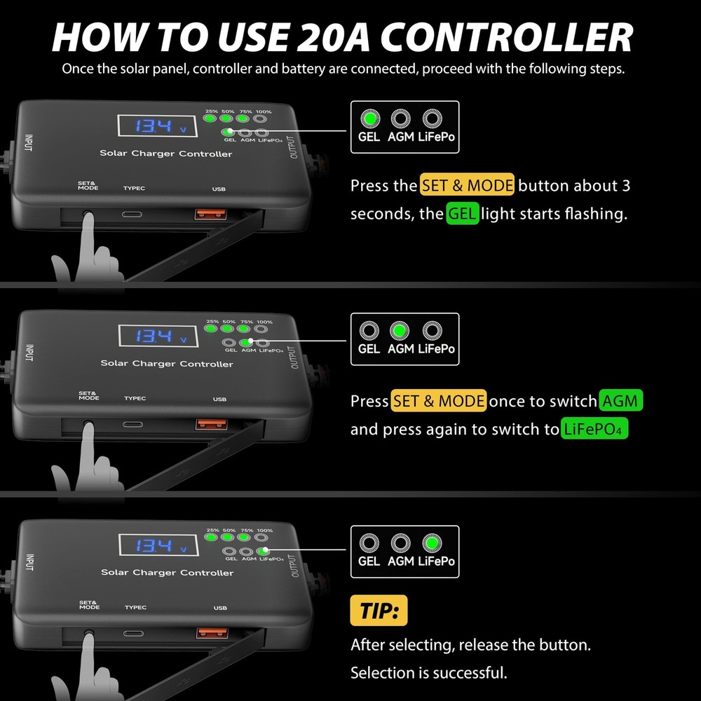 Solar Charge Controller 12V 20A, Solar Panel Charge Controller with Type-C and U