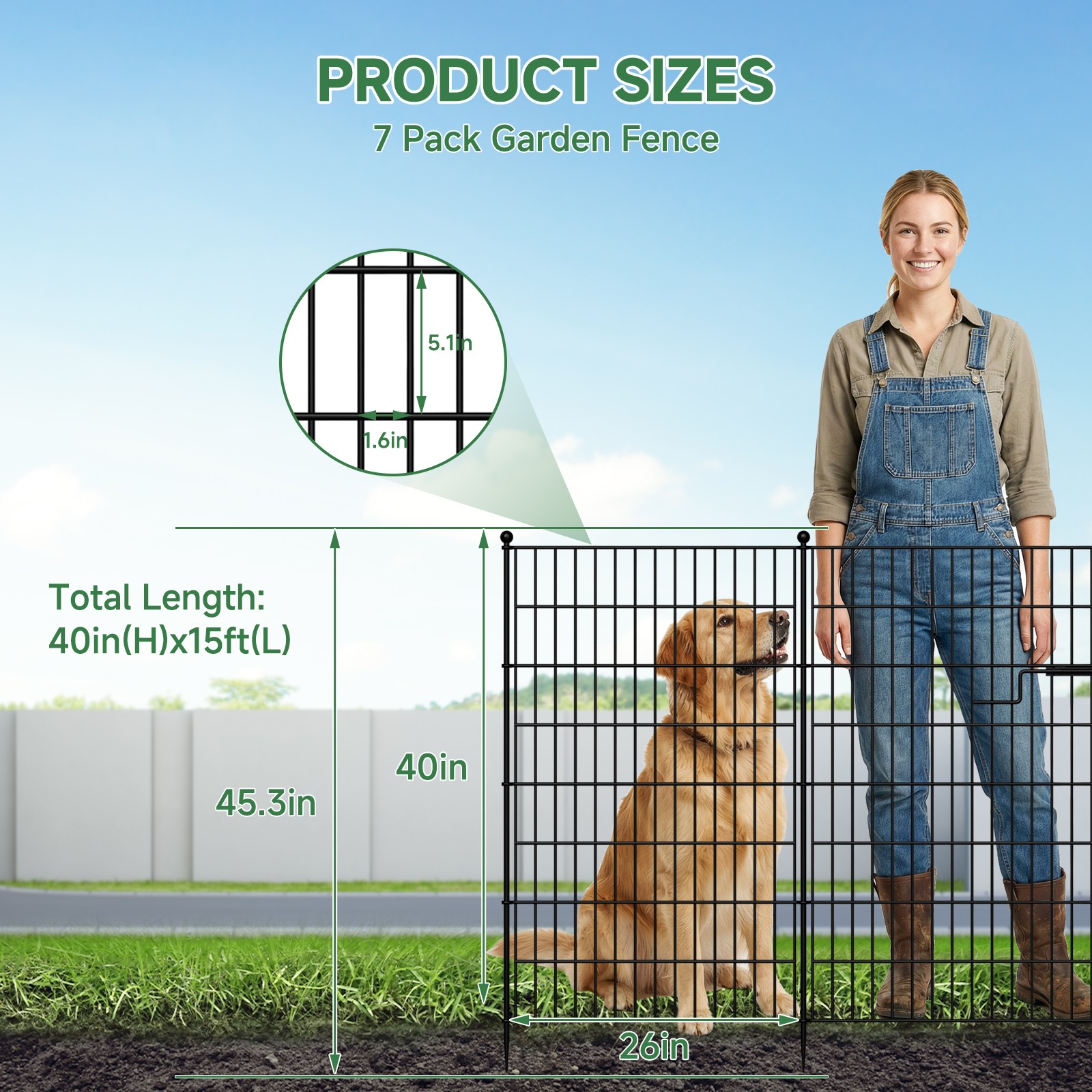Decorative No Dig Garden Fence with Gate - 7/13 Panels for Pets & Yard 15/18 Ft
