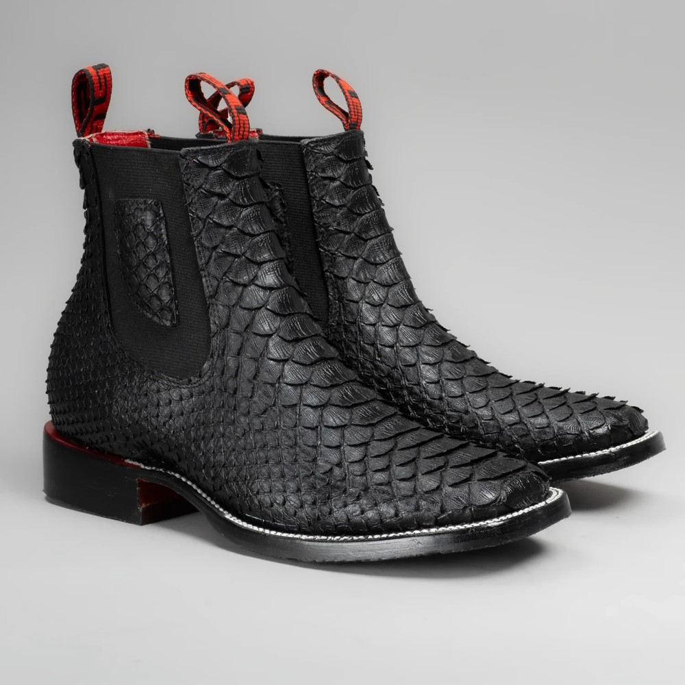 Genuine Leather Exotic Python Snake Print Square Toe Ankle Western Boots - Black
