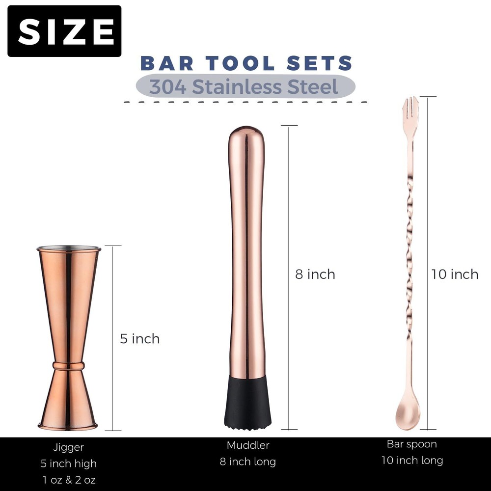 3pcs Rosegold Muddler Set Cocktail Muddler Jigger Bar Spoon Bartender Tools