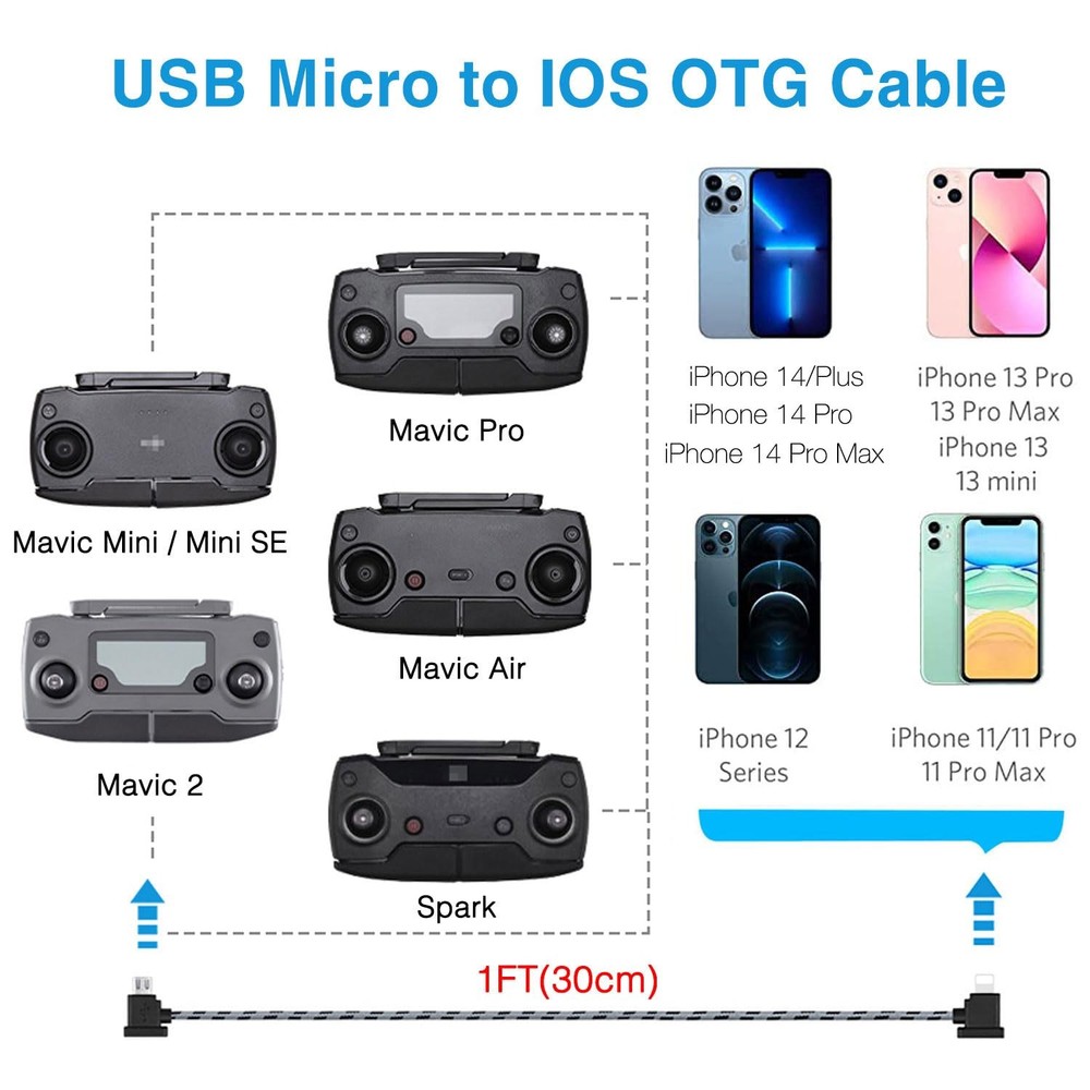 1FT USB Micro to iOS DJI Remote Controller Cable for iPhone 1FT(12in), Black