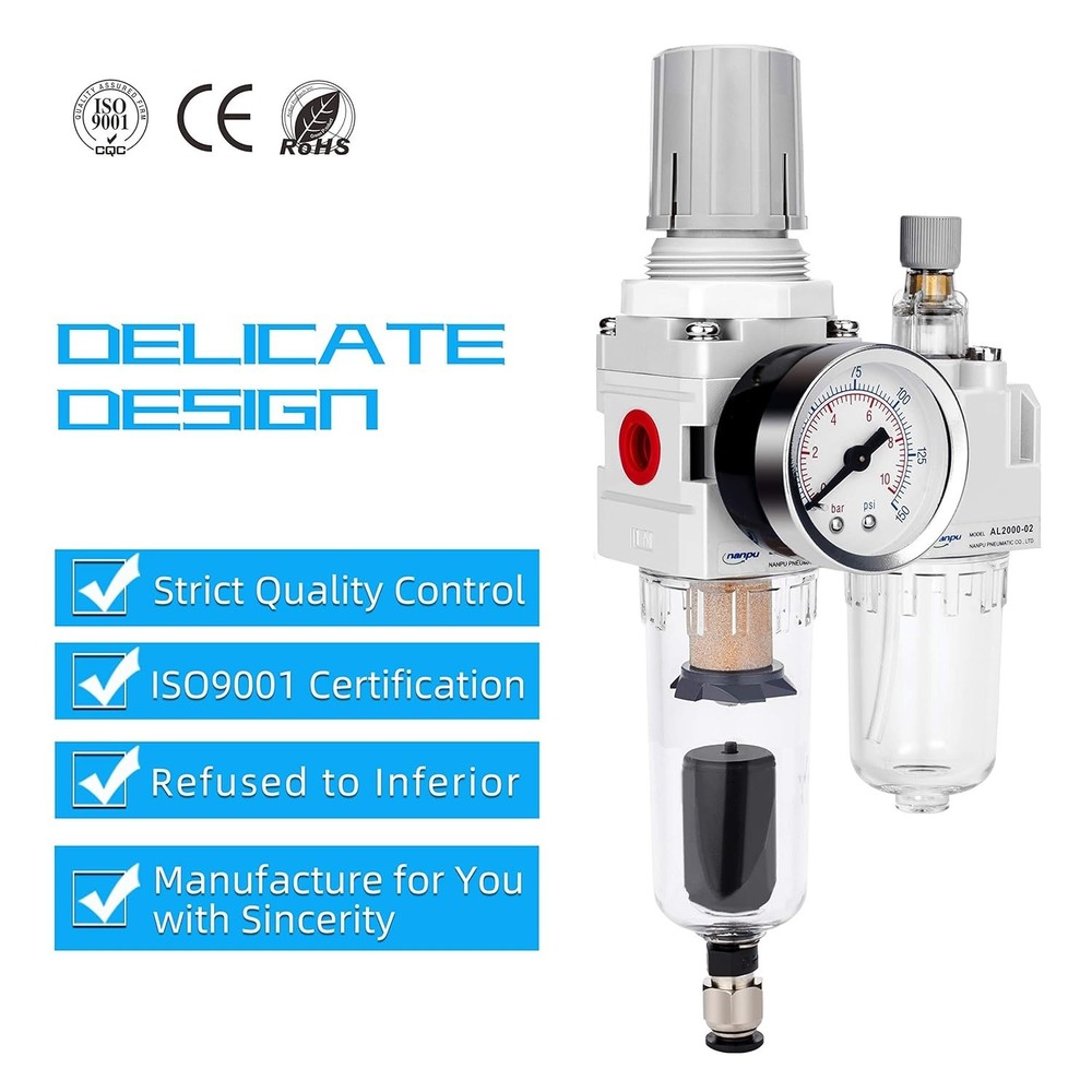 Efficient 1/4" NPT Auto-Drain Air Filter Regulator with 5 Micron Brass Element