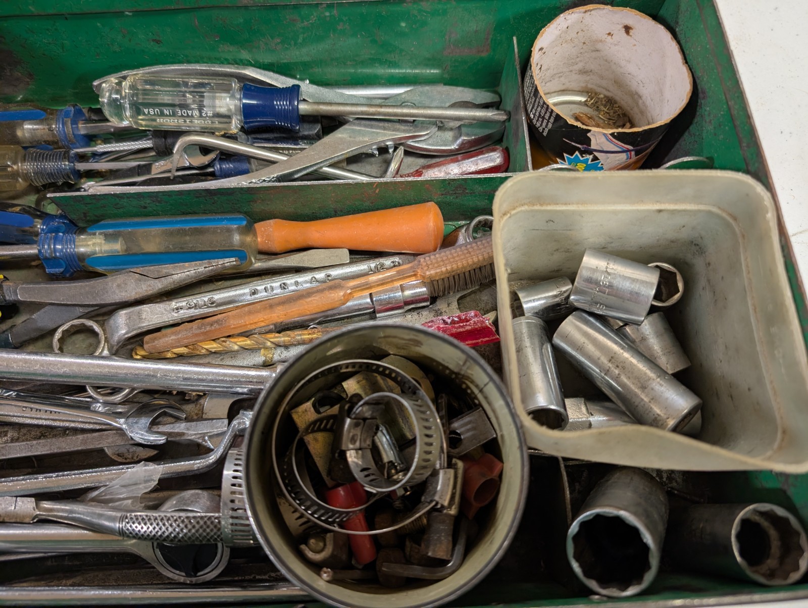 Vintage Metal Toolbox with 50+ assorted lot of tools