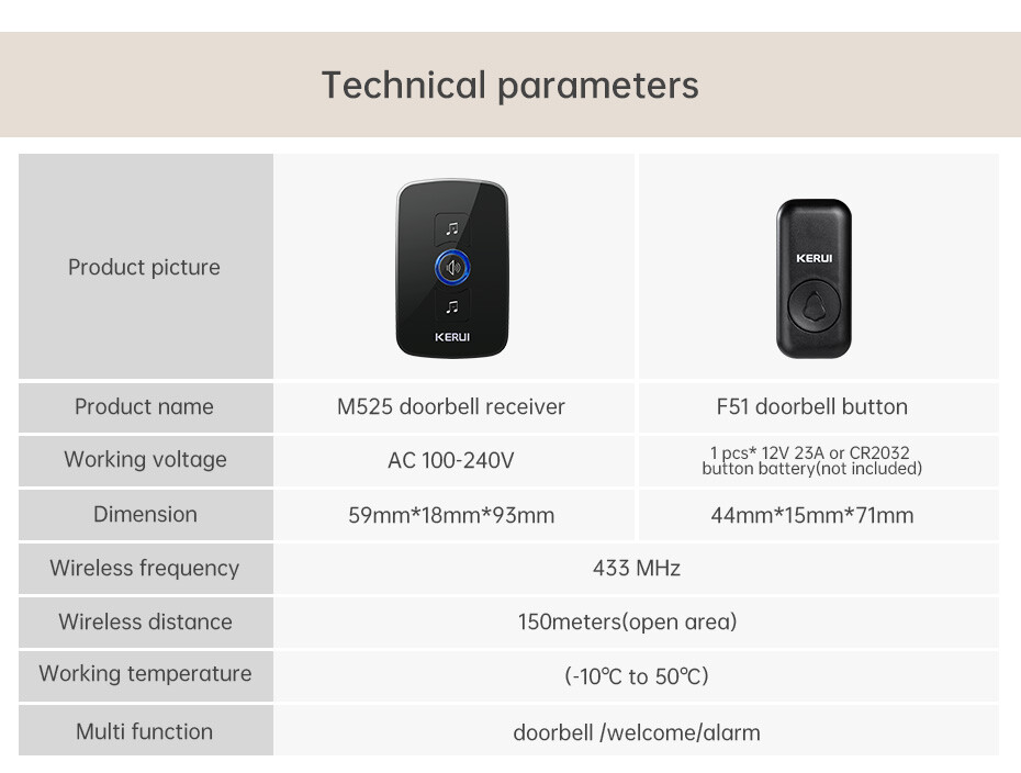 Waterproof Wireless Doorbell Adjustable Volume 2 Plugin Receiver 3 Bell Button