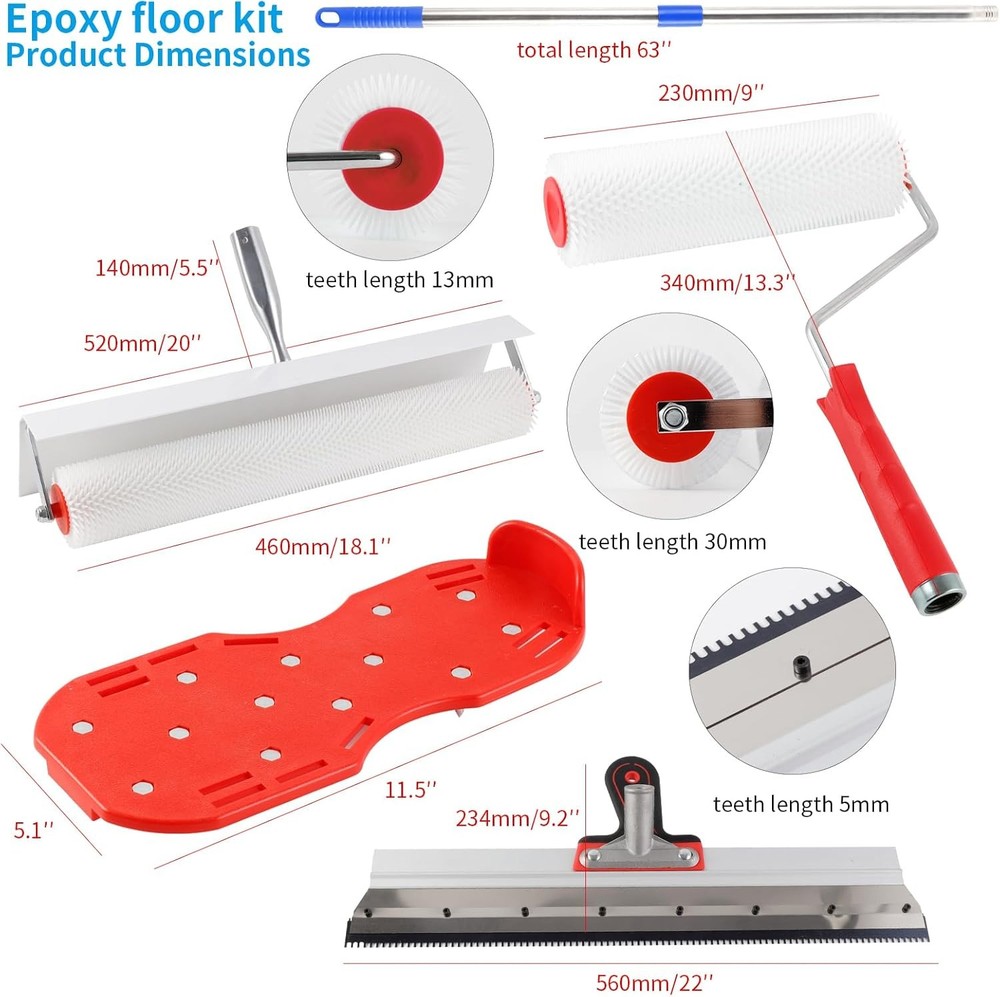 Self-Leveling Epoxy Floor Tool Kit with 20" Spiked Roller, 22" Squeegee, 9" Bubb