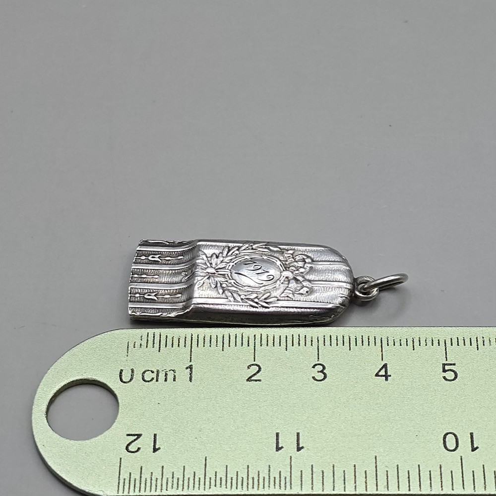 Antique Solid Silver Repousse Whistle Pendant Monogram Floral Design