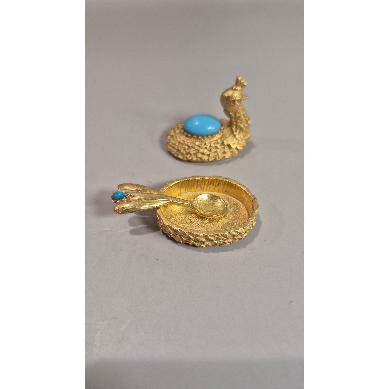 Vintage Florenza Gold Tone Peacock Salt Cellar with Spoon Turquoise Trinket Box