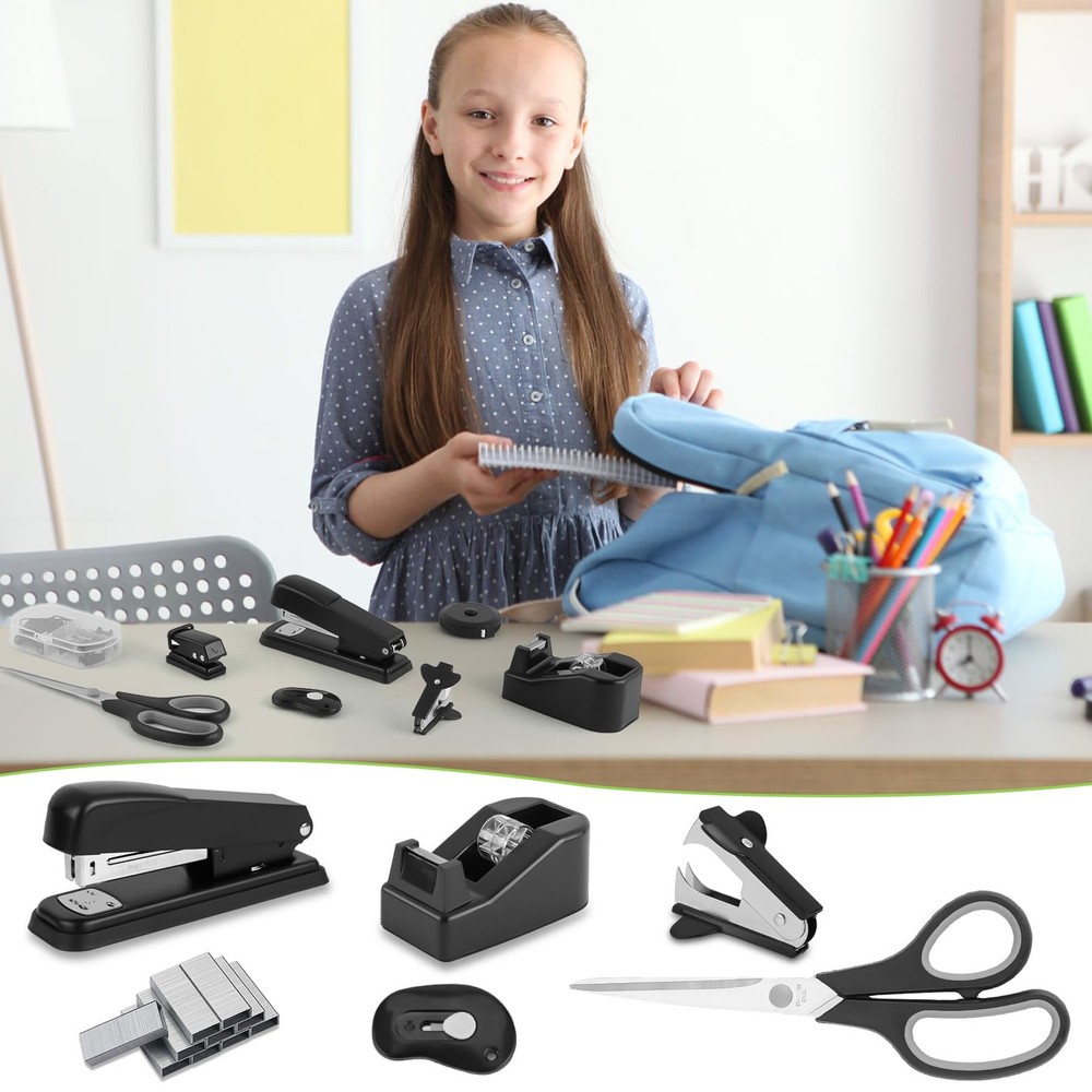 Black Desk Accessory Kit Cute Office Supplies Set Desktop Stapler Set Include...