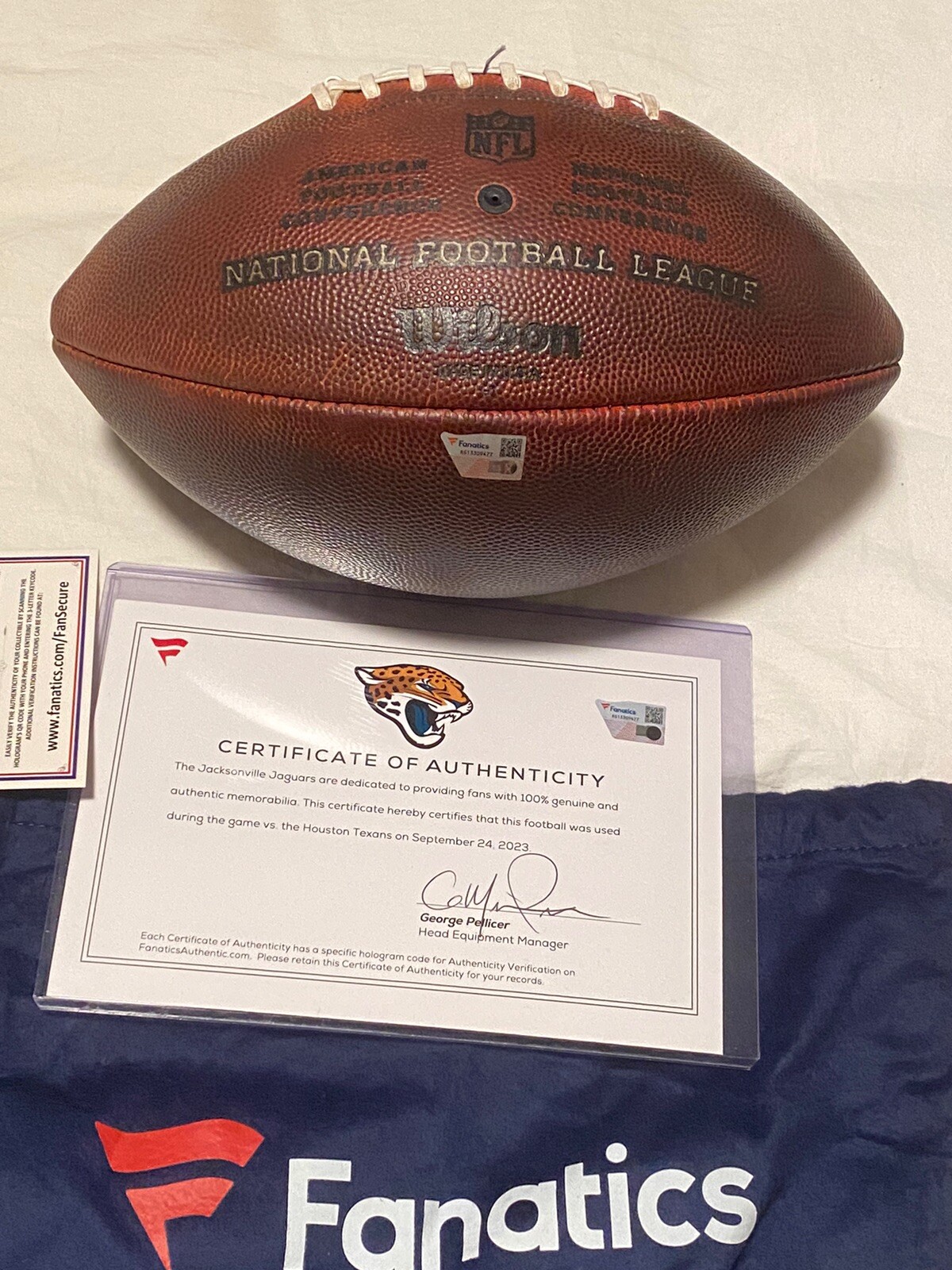 Game Used Football Trevor Lawrence Jacksonville Jaguars VS Houston Texans9/24/23