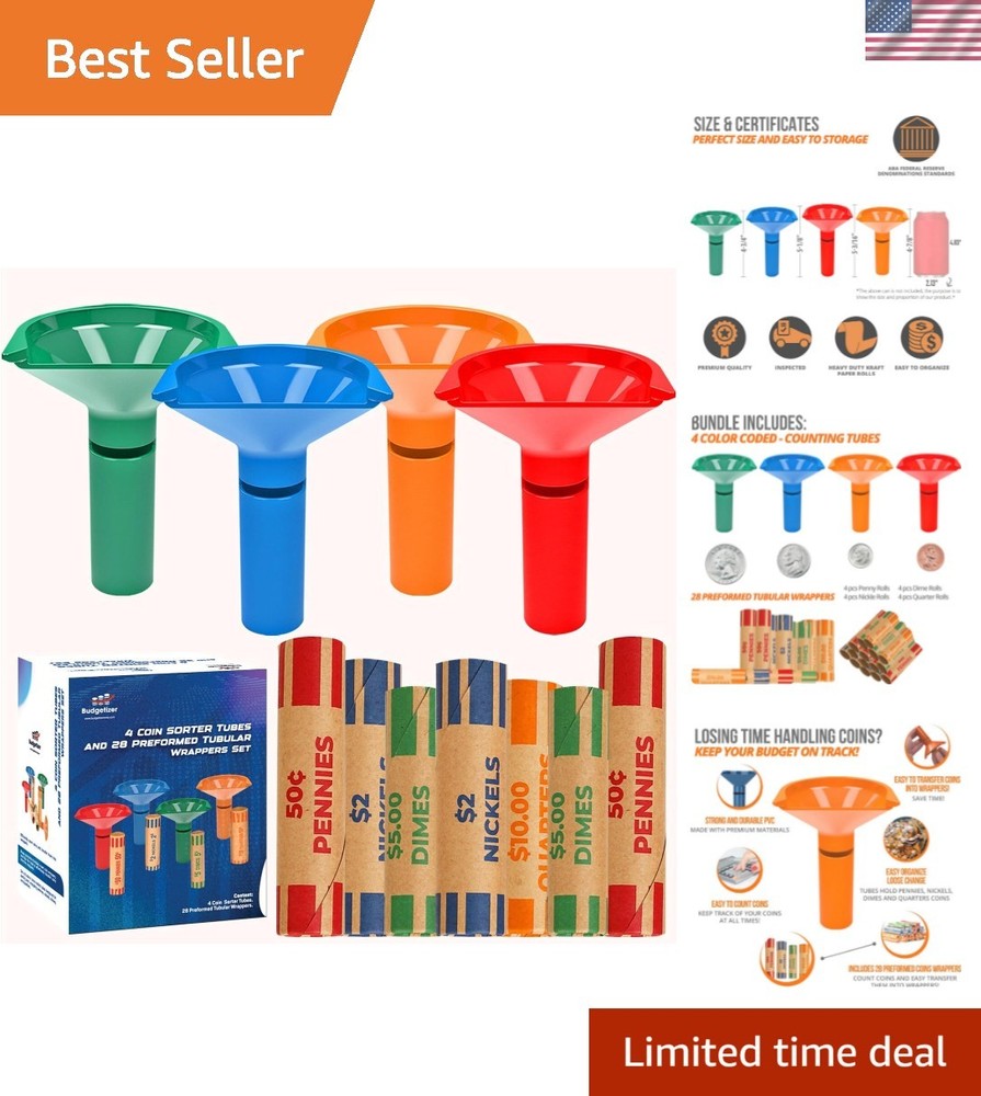Effortless Coin Sorting – 4 Color Coded Tubes & 28 Preformed Wrappers Set
