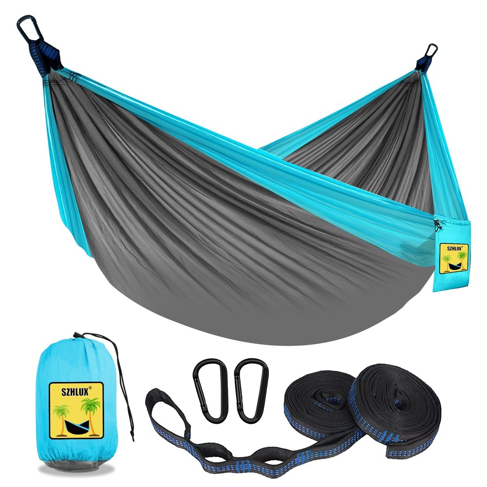 SZHLUX Camping Hammock Double & Single Portable Medium, Light Grey & Sky Blue