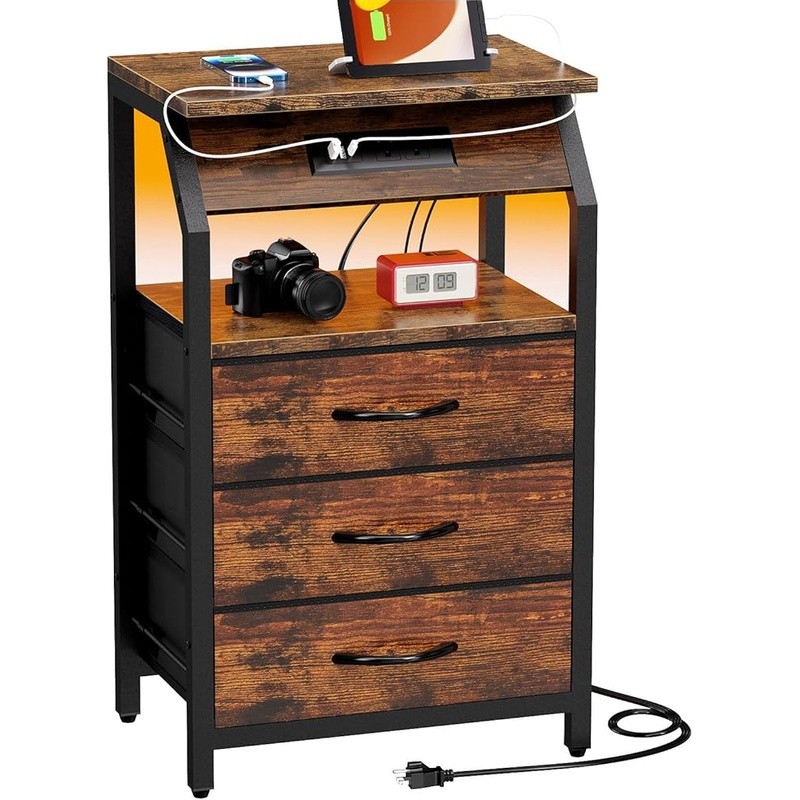 Compact Night Stand W/ USB Ports LED Light Table Bedroom Storage Solution