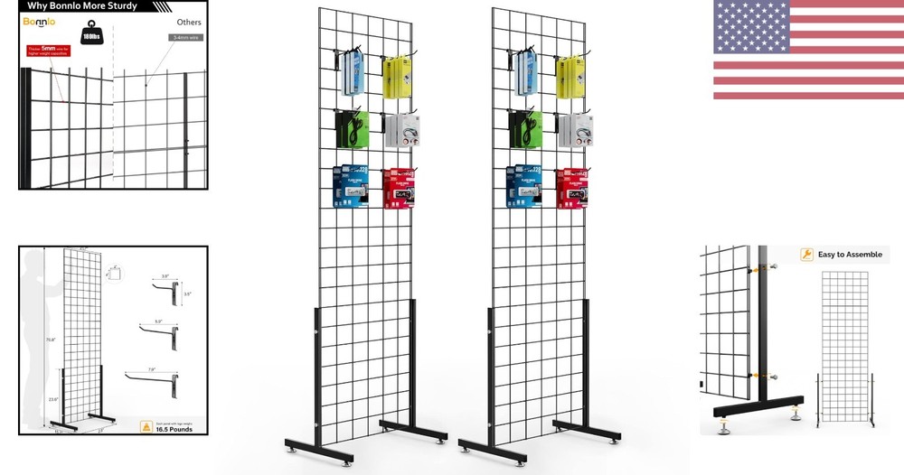 Freestanding 6' x 2' Grid Wall Rack with Hooks – Versatile Display Solution
