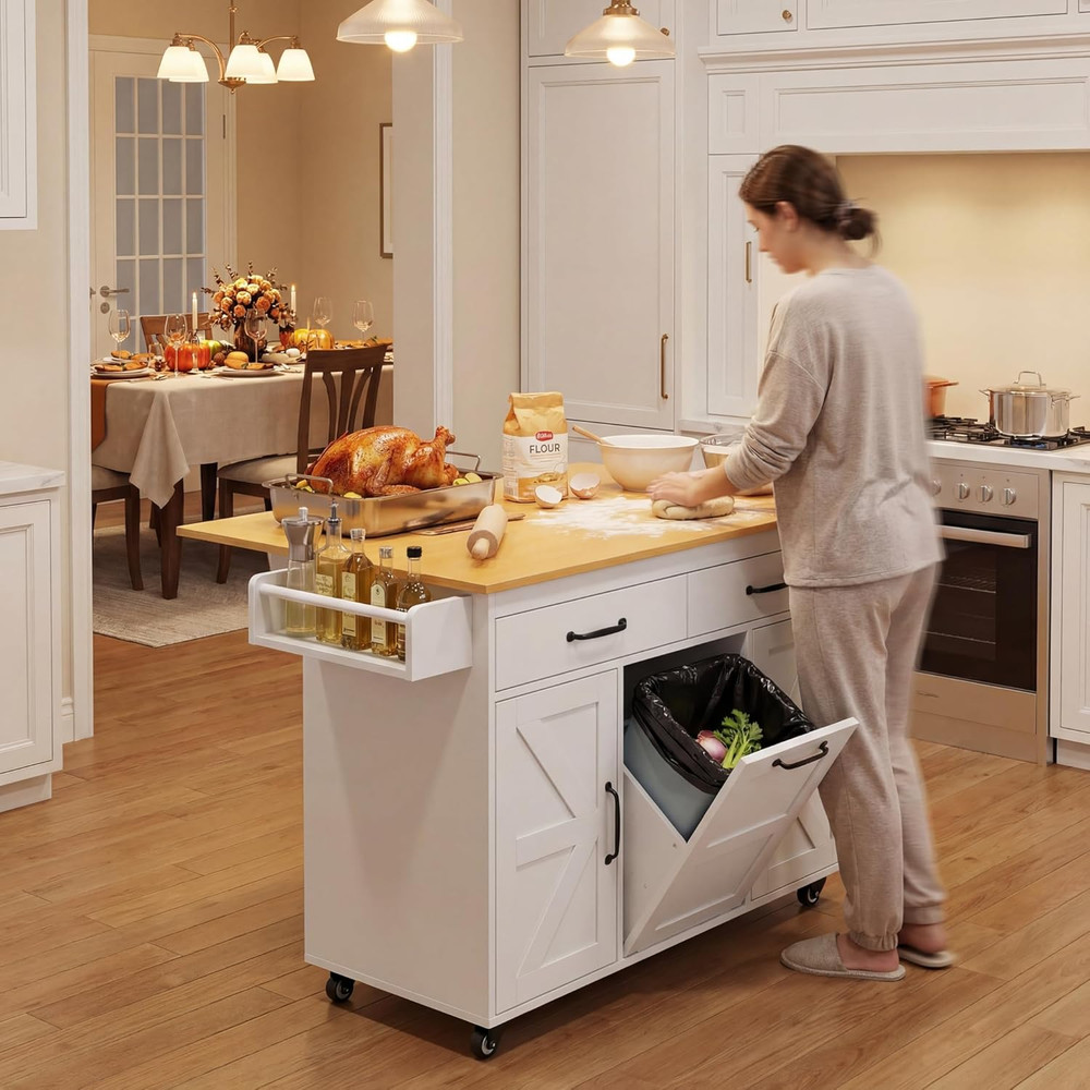 Rolling Kitchen Island Cart with Trash Can, Drop Leaf & Storage - White